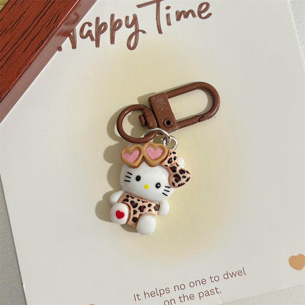 Leopard Print Cartoon KT Keychain Coffee Color Autumn Winter Retro Cat Backpack Pendant