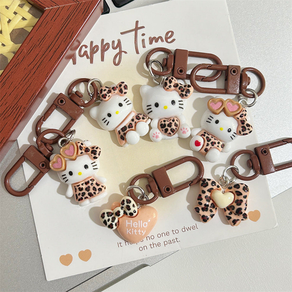 Leopard Print Cartoon KT Keychain Coffee Color Autumn Winter Retro Cat Backpack Pendant