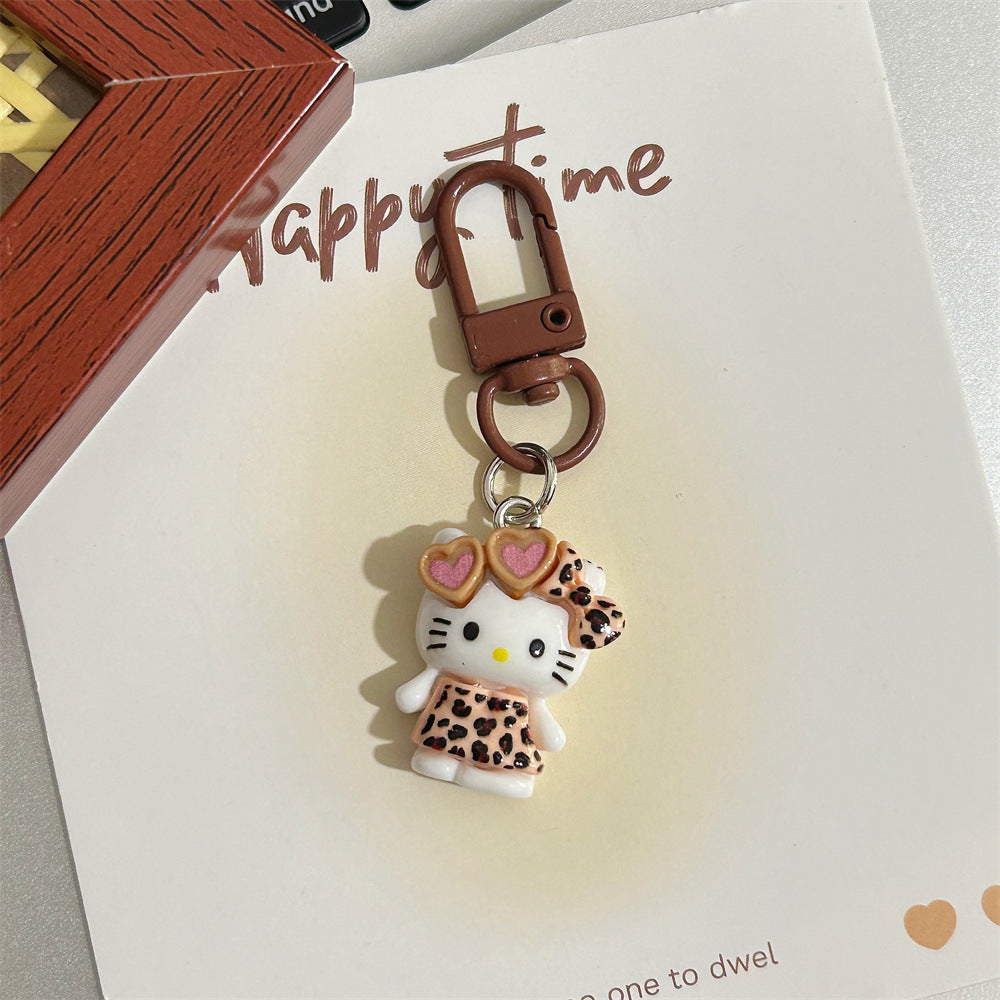 Leopard Print Cartoon KT Keychain Coffee Color Autumn Winter Retro Cat Backpack Pendant