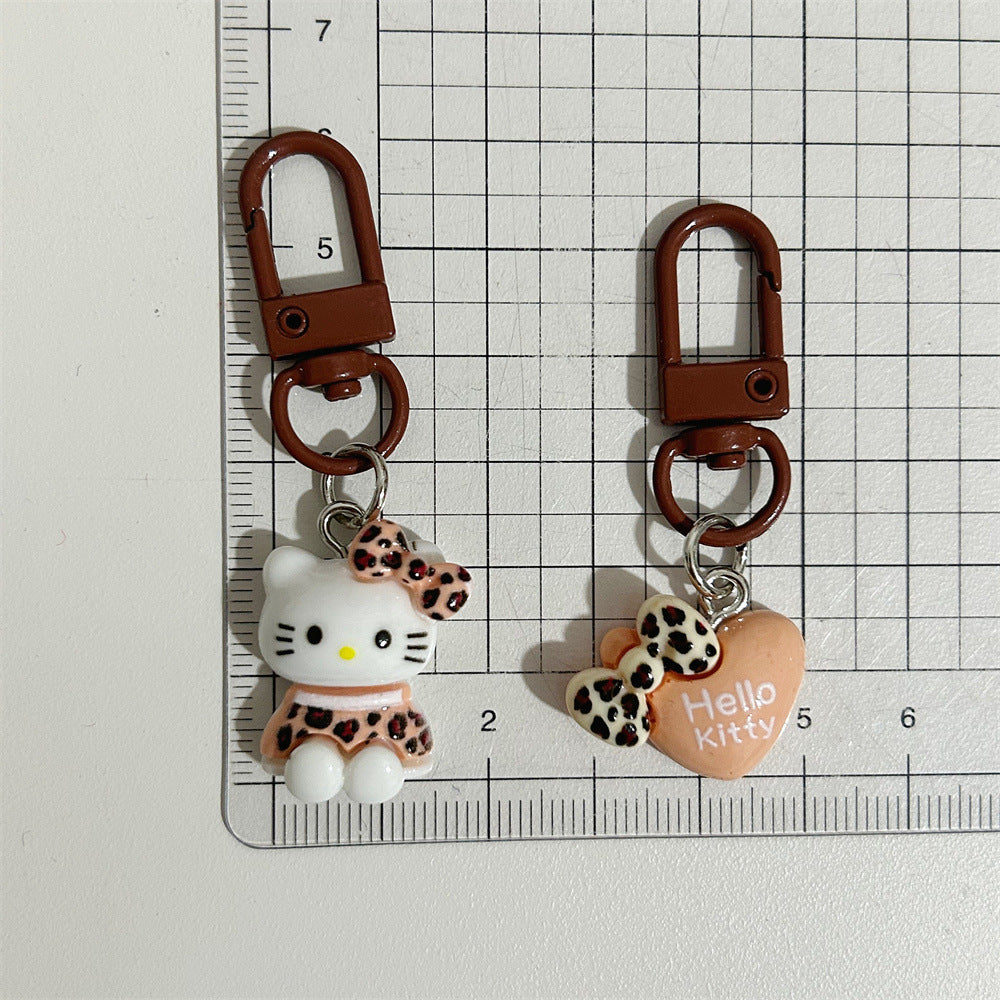 Leopard Print Cartoon KT Keychain Coffee Color Autumn Winter Retro Cat Backpack Pendant