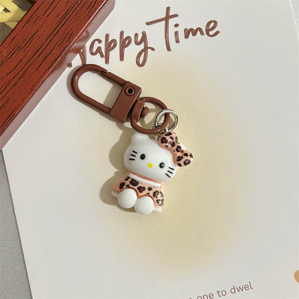 Leopard Print Cartoon KT Keychain Coffee Color Autumn Winter Retro Cat Backpack Pendant