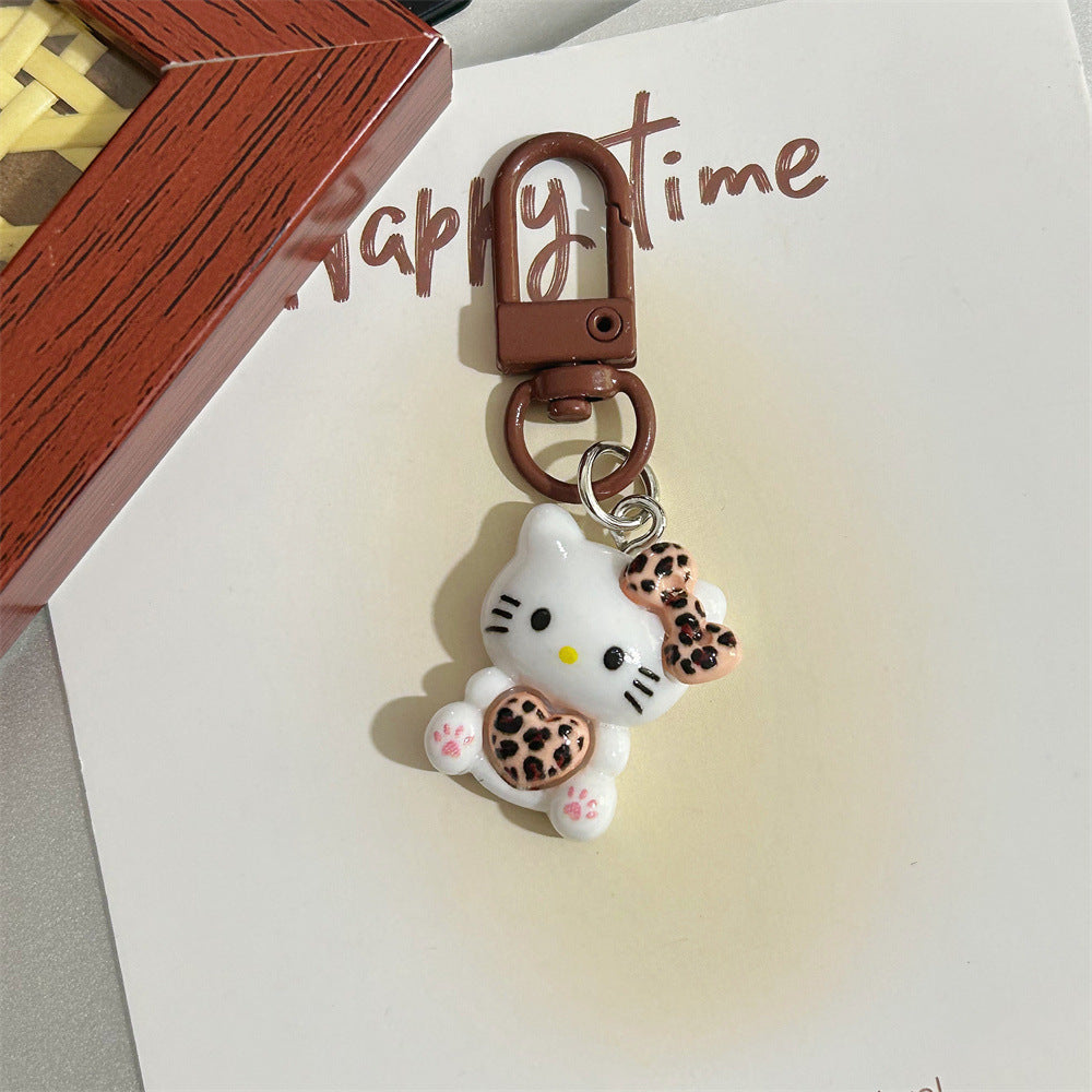 Leopard Print Cartoon KT Keychain Coffee Color Autumn Winter Retro Cat Backpack Pendant