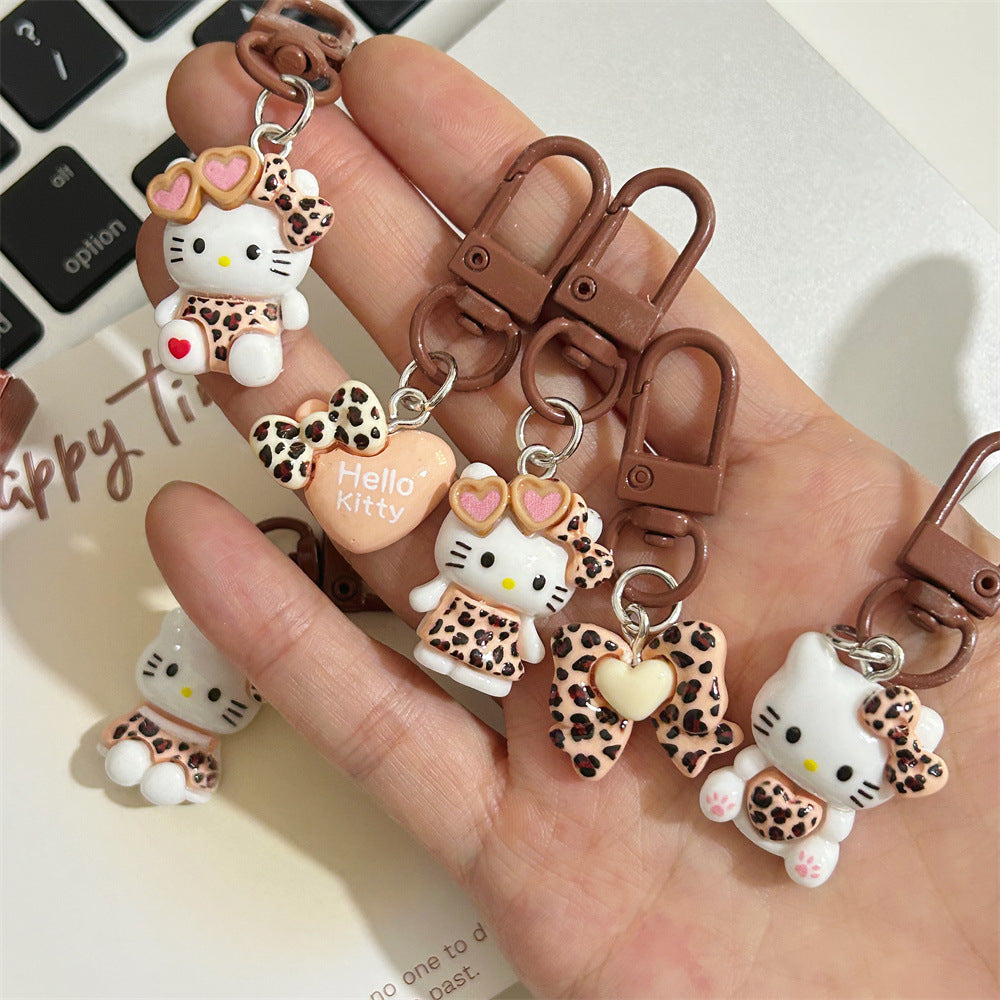 Leopard Print Cartoon KT Keychain Coffee Color Autumn Winter Retro Cat Backpack Pendant