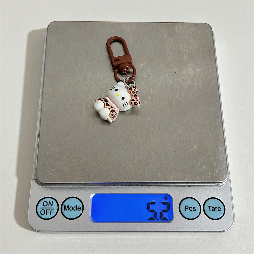 Leopard Print Cartoon KT Keychain Coffee Color Autumn Winter Retro Cat Backpack Pendant