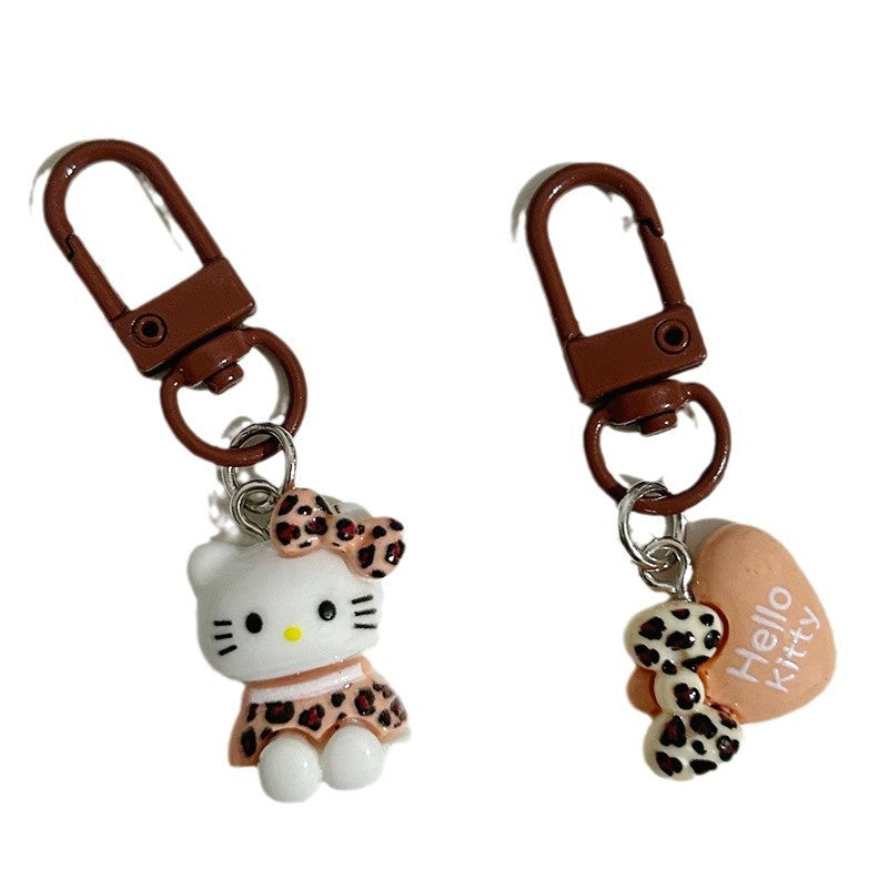 Leopard Print Cartoon KT Keychain Coffee Color Autumn Winter Retro Cat Backpack Pendant