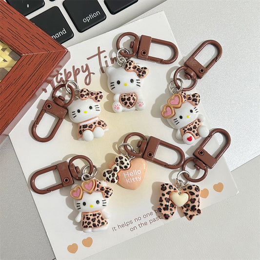 Leopard Print Cartoon KT Keychain Coffee Color Autumn Winter Retro Cat Backpack Pendant